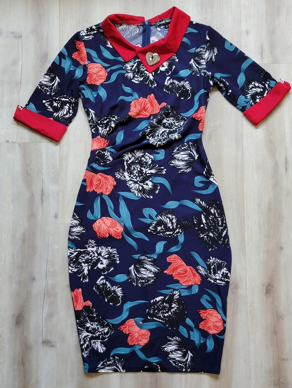 Oxiuly Fashion Floral Midi Bodycon Dress with Red Peter Pan Collar - Size S